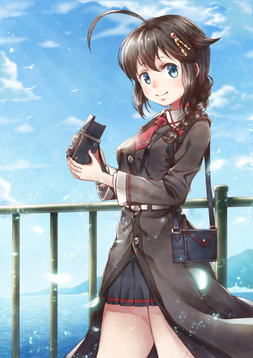 ahoge bag bangs belt bird black_hair blue_eyes blue_sky blurry bow braid breasts buttons camera cloud coat commentary_request day depth_of_field fence graphite_(medium) hair_bow hair_flaps hair_ornament hair_over_shoulder hairpin highres holding holding_camera horizon kantai_collection long_hair long_sleeves looking_at_viewer medium_breasts mountain necktie ocean outdoors pleated_skirt red_neckwear remodel_(kantai_collection) shigure_(kantai_collection) sho_(sumika) short_necktie shoulder_bag single_braid skirt sky smile solo standing traditional_media twin-lens_reflex_camera water