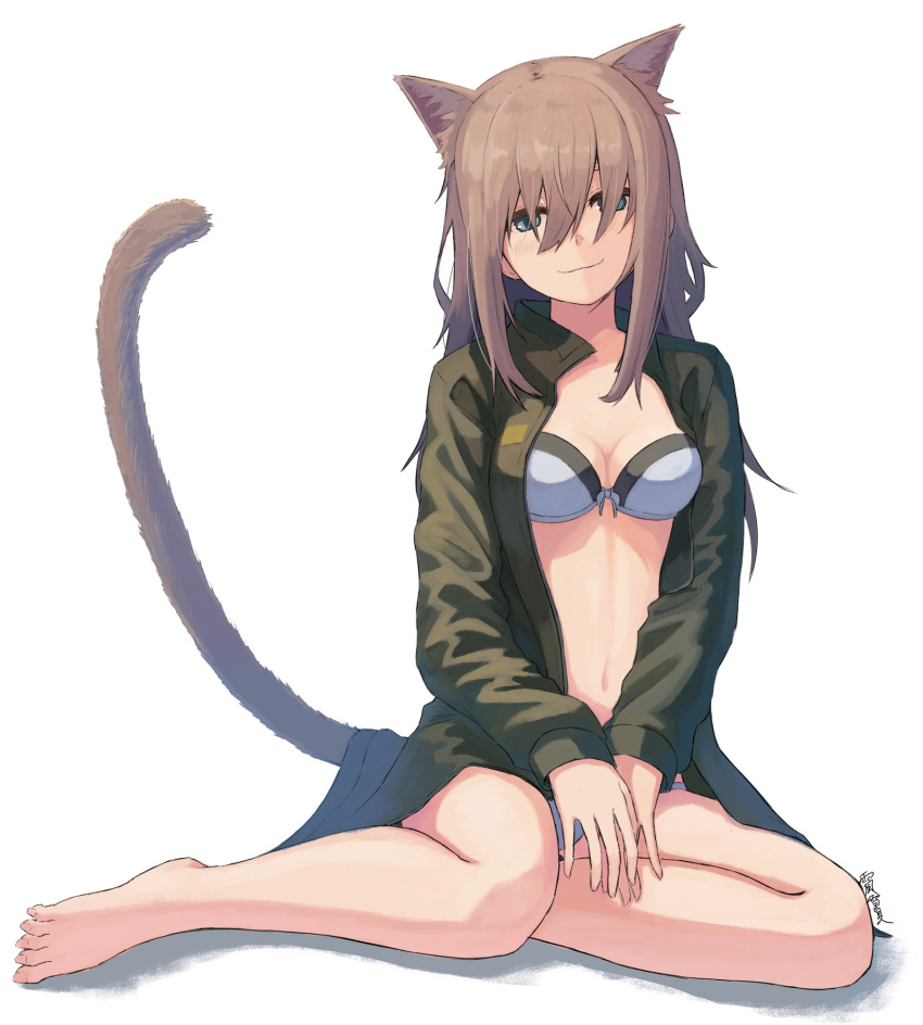 amekaze_yukinatsu animal_ears barefoot bikini blue_bikini blush breasts brown_hair cat_ears cat_tail cleavage commentary feet green_eyes hair_over_face hands_together head_tilt highres jacket looking_at_viewer medium_breasts navel open_clothes open_jacket original signature simple_background sitting smile smirk solo swimsuit tail tail_raised toes v_arms white_background yokozuwari