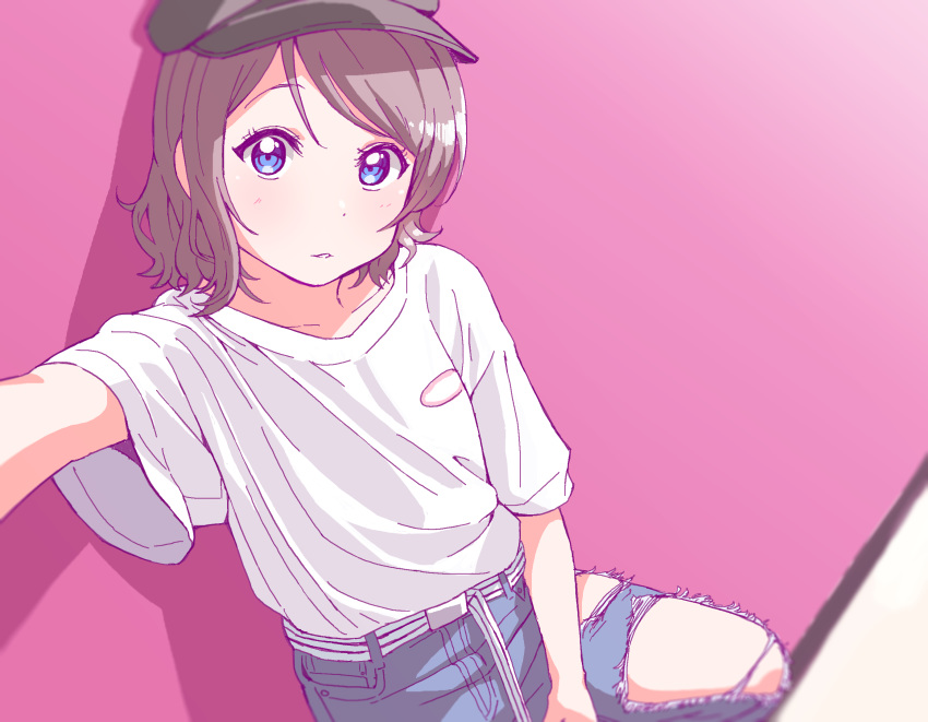 belt black_hat blue_eyes denim gamjolno grey_hair hat highres jeans looking_at_viewer love_live! love_live!_sunshine!! pants parted_lips pink_background reaching_out self_shot shirt short_hair short_sleeves solo torn_clothes torn_jeans torn_pants watanabe_you white_shirt