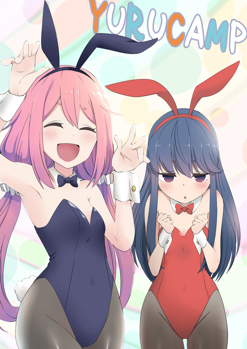 :o ^_^ ^o^ animal_ears armpits arms_up bare_shoulders black_hair blue_eyes blush bow bowtie bunny_ears bunny_girl bunny_tail bunnysuit closed_eyes commentary_request covered_navel cowboy_shot detached_collar groin half-closed_eyes happy highleg highleg_leotard highres kagamihara_nadeshiko leotard long_hair looking_at_viewer low_twintails multiple_girls nekota_susumu pantyhose pink_hair pose shima_rin strapless strapless_leotard tail twintails very_long_hair wrist_cuffs yurucamp