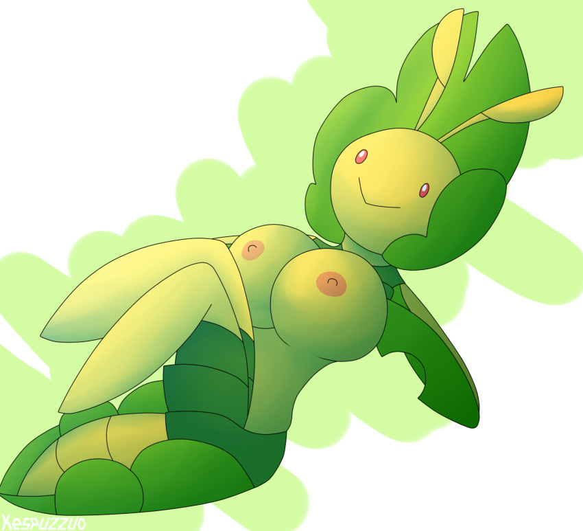 2018 antennae anthro anthrofied areola arthropod breasts clothing female flora_fauna hi_res insect kespuzzuo leavanny looking_up nintendo nipples non-mammal_breasts plant pok&eacute;mon pok&eacute;mon_(species) red_eyes simple_background smile solo video_games yellow_body