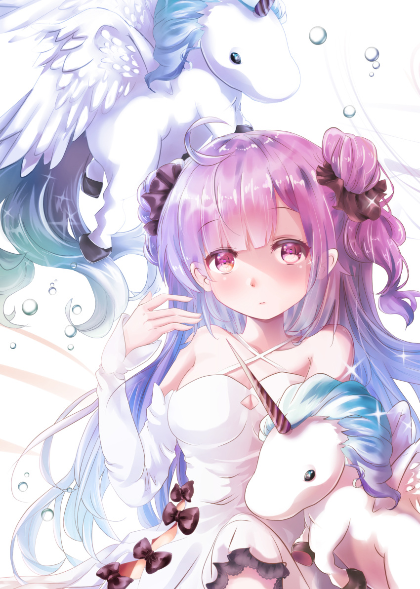 ahoge alicorn animal azur_lane bangs bare_shoulders black_bow black_ribbon bow breasts closed_mouth collarbone commentary criss-cross_halter detached_sleeves double_bun dress eyebrows_visible_through_hair hair_ribbon halterneck hand_up highres long_hair long_sleeves looking_at_viewer medium_breasts mutang one_side_up ribbon side_bun sleeves_past_wrists solo sparkle unicorn_(azur_lane) very_long_hair white_dress