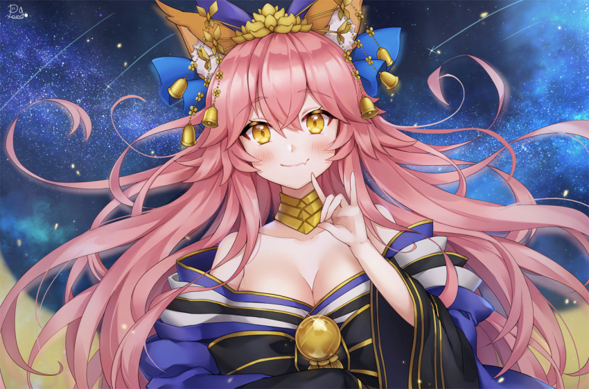 animal_ears bell breasts cleavage collarbone fang fate/extra fate/grand_order fate_(series) fox_ears fox_shadow_puppet fox_tail japanese_clothes large_breasts long_hair looking_at_viewer multiple_tails night night_sky off_shoulder pink_hair pong_(vndn124) sky solo star star_(sky) starry_sky tail tamamo_(fate)_(all) tamamo_no_mae_(fate) very_long_hair yellow_eyes