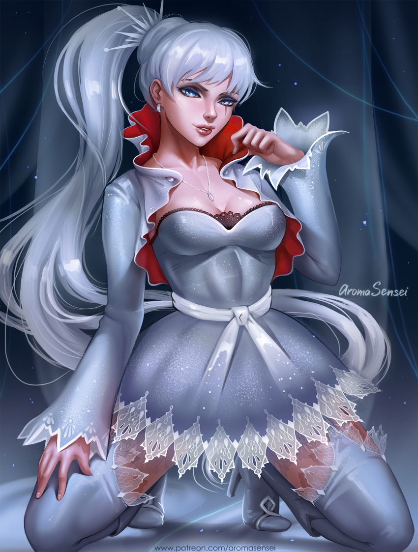 aroma_sensei artist_name blue_eyes boots breasts cleavage cropped_jacket dress ear_piercing earrings eyeshadow high_collar high_heel_boots high_heels highres jewelry kneeling lips long_hair long_sleeves makeup medium_breasts necklace parted_lips patreon_username piercing ponytail rwby scar scar_across_eye solo spread_legs strapless strapless_dress thighhighs watermark web_address weiss_schnee white_dress white_hair