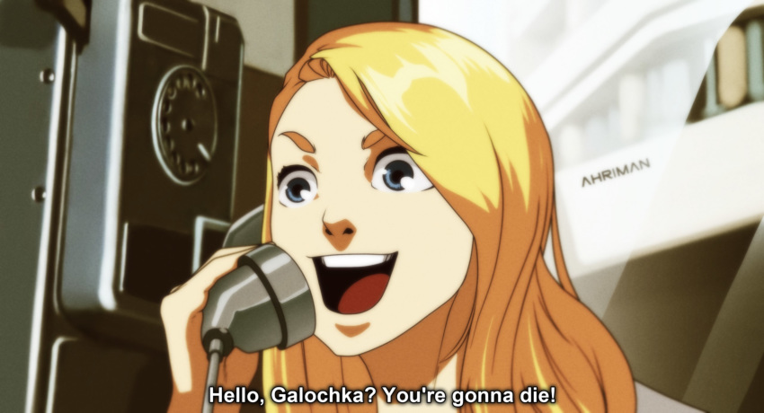 :d ahriman_(artist) artist_name blonde_hair blue_eyes english excited fake_screenshot highres holding holding_phone ivan_vasilievich_changes_profession long_hair open_mouth parody phone phone_booth sanpaku shiny shiny_hair smile solo style_parody subtitled talking_on_phone thick_eyebrows upper_body v-shaped_eyebrows yakin's_mistress