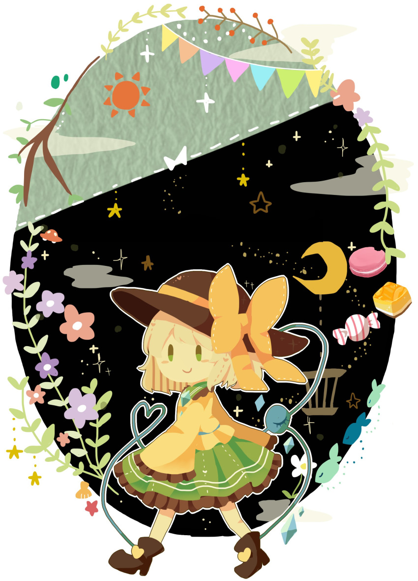 absurdres black_footwear blush_stickers bow branch candy cloud commentary_request crescent_moon day_and_night fish flower food frilled_skirt frilled_sleeves frills gem green_eyes green_hair green_skirt hat hat_bow hat_ribbon heart heart_of_string highres komeiji_koishi leaf long_sleeves macaron moon moyo_(amaniwa) ribbon seashell shell shirt skirt sleeves_past_fingers sleeves_past_wrists smile solo sparkle star string_of_flags sun sweets third_eye touhou walking wide_sleeves yellow_bow yellow_shirt