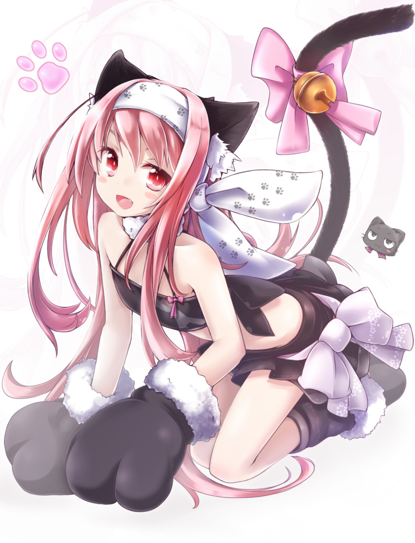 akino_coto all_fours animal_ears bare_shoulders bell blush_stickers cat_ears gloves highres long_hair looking_at_viewer open_mouth original paw_gloves paws pink_hair red_eyes ribbon solo strapless tail tail_bell tail_raised tail_ribbon tubetop