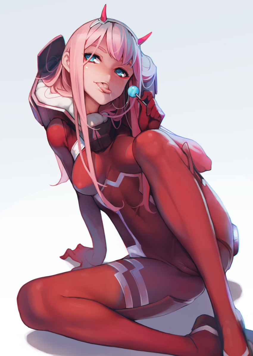 aqua_eyes ataruman bangs bodysuit breasts cameltoe candy commentary_request covered_navel darling_in_the_franxx food full_body half-closed_eyes highres horns lollipop long_hair medium_breasts naughty_face pilot_suit red_bodysuit saliva saliva_trail sitting skin_tight solo swept_bangs tongue tongue_out very_long_hair zero_suit zero_two_(darling_in_the_franxx)