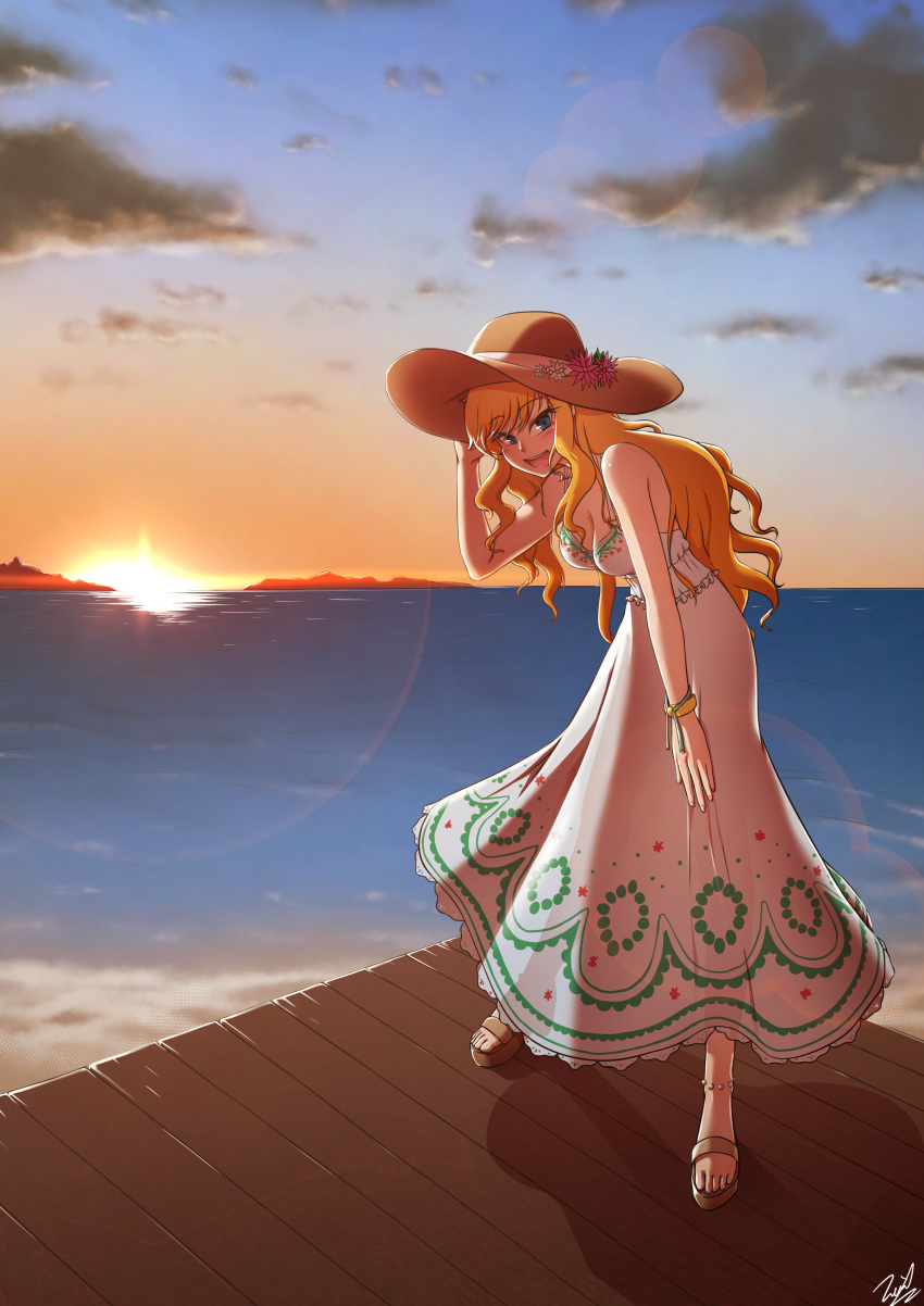 :d absurdres blonde_hair blue_eyes blush bracelet breasts chanakim cleavage dress flower hat hat_flower highres idolmaster idolmaster_cinderella_girls jewelry leaning_forward long_hair looking_at_viewer medium_breasts o-ring ocean ootsuki_yui open_mouth pier sandals signature smile solo sun_hat sundress sunset