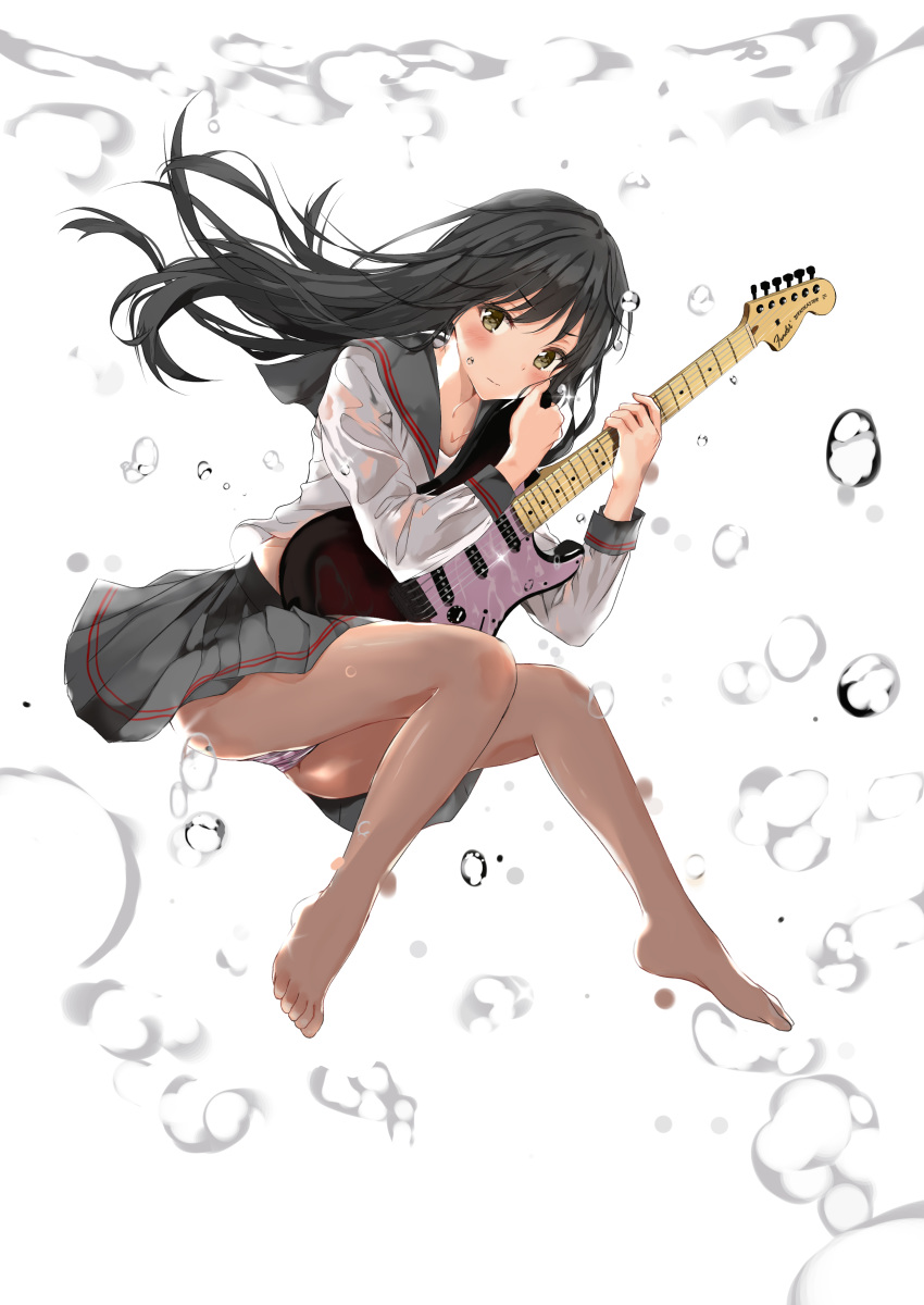 absurdres air_bubble barefoot black_hair blush bubble commentary_request eyebrows_visible_through_hair fujisaki_ribbon green_eyes guitar highres instrument long_hair looking_at_viewer original panties plaid plaid_skirt school_uniform see-through serafuku skirt solo stratocaster underwater underwear wet wet_clothes