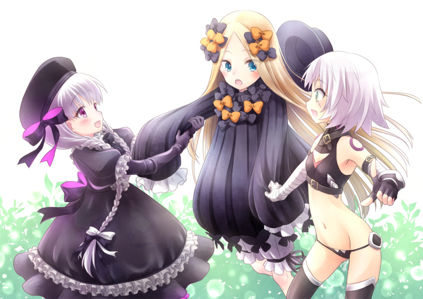 :d abigail_williams_(fate/grand_order) arm_grab bandaged_arm bandages bangs bare_shoulders beret black_bow black_dress black_gloves black_hat black_legwear black_panties black_shirt blonde_hair bloomers blue_eyes blush bow braid breasts bug butterfly commentary_request doll_joints dress elbow_gloves fate/extra fate/grand_order fate_(series) fingerless_gloves frilled_dress frilled_sleeves frills gloves green_eyes hair_bow hat hat_removed headwear_removed houwasekai insect jack_the_ripper_(fate/apocrypha) long_hair long_sleeves low_twintails multiple_girls navel nursery_rhyme_(fate/extra) open_mouth orange_bow panties parted_bangs pointing polka_dot polka_dot_bow profile puffy_short_sleeves puffy_sleeves purple_eyes scar scar_across_eye shirt short_sleeves shoulder_tattoo silver_hair single_fingerless_glove single_glove sleeve_tug sleeveless sleeveless_shirt sleeves_past_fingers sleeves_past_wrists small_breasts smile tattoo thighhighs twin_braids twintails underwear upper_teeth very_long_hair white_bloomers white_bow
