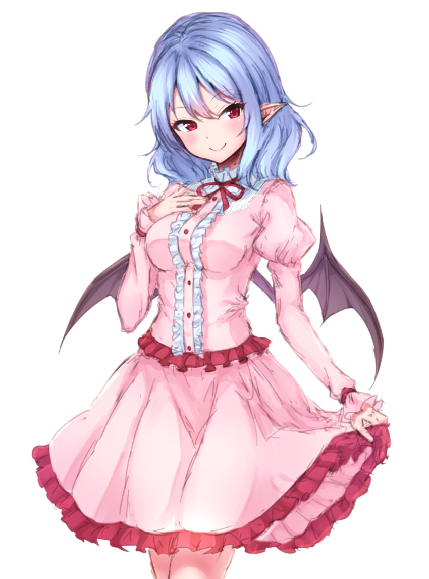 bangs bat_wings black_wings blue_eyes blush breasts center_frills cowboy_shot eyebrows_visible_through_hair frilled_shirt frilled_skirt frills hand_on_own_chest highres juliet_sleeves junior27016 long_sleeves looking_at_viewer medium_breasts medium_hair medium_skirt neck_ribbon pink_shirt pink_skirt pointy_ears puffy_sleeves red_eyes red_neckwear red_ribbon remilia_scarlet ribbon shirt simple_background sketch skirt skirt_hold solo standing touhou tsurime white_background wings