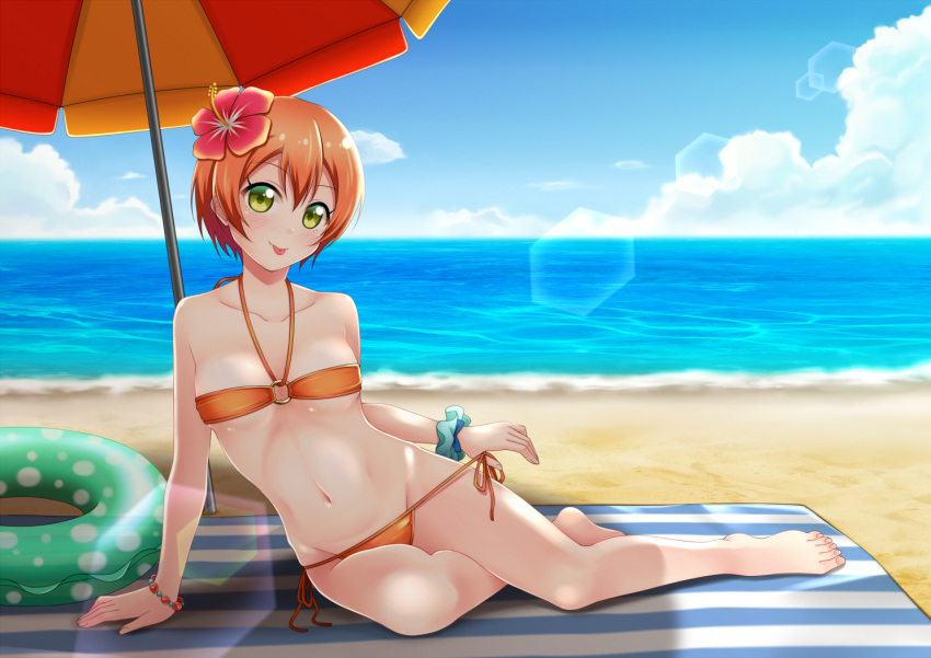 7nanappe :p barefoot beach beach_towel beach_umbrella bikini bikini_pull blue_scrunchie blush bracelet breasts commentary_request day flower green_eyes hair_between_eyes hair_flower hair_ornament hoshizora_rin innertube jewelry lens_flare love_live! love_live!_school_idol_project navel o-ring o-ring_bikini o-ring_top ocean orange_bikini orange_hair scrunchie short_hair side-tie_bikini small_breasts smile solo swimsuit tongue tongue_out towel umbrella wrist_scrunchie