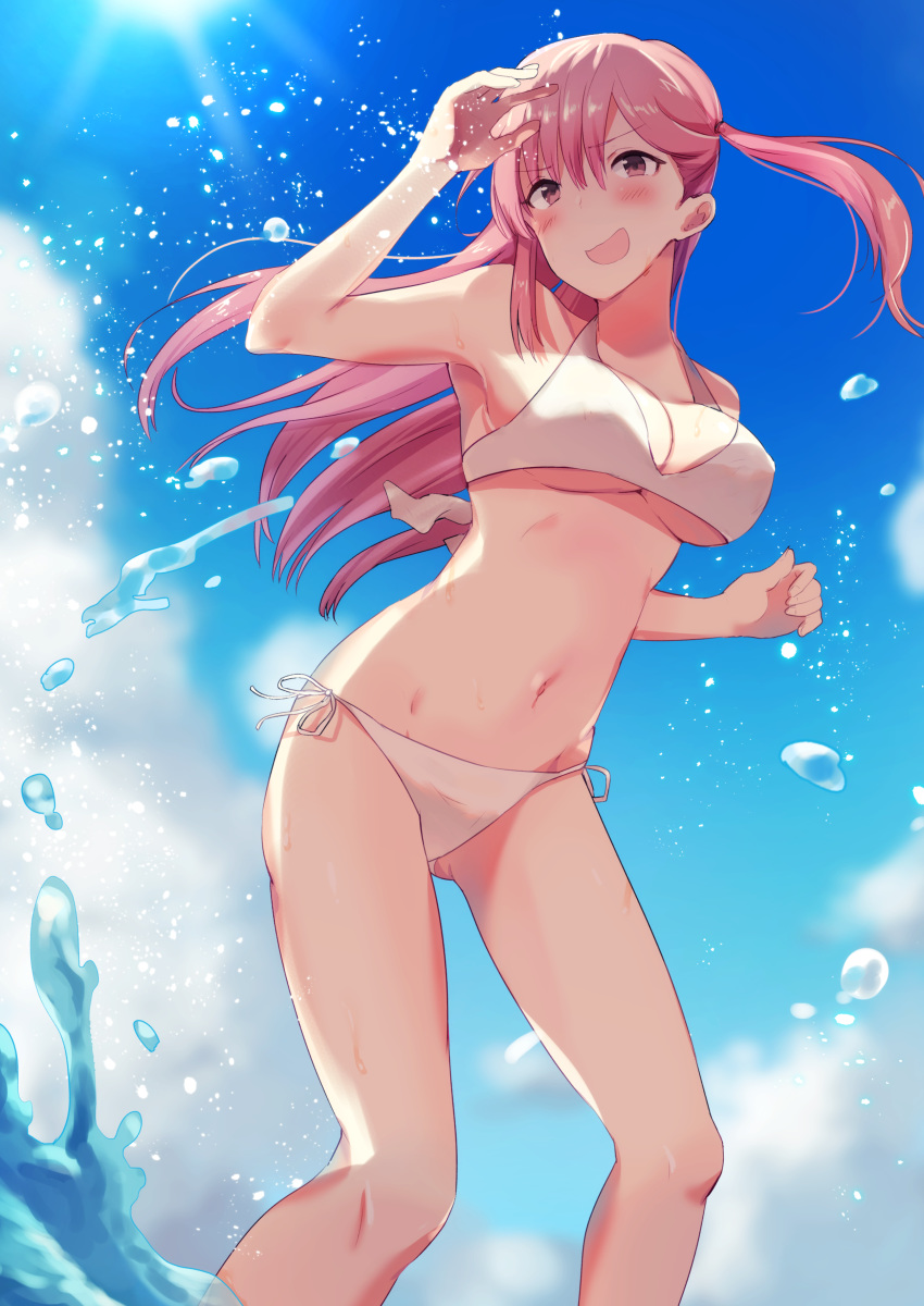 :d absurdres bangs bikini blue_sky blush breasts cloud cloudy_sky commentary_request day eyebrows_visible_through_hair hair_between_eyes hands_up highres legs_apart light_rays long_hair medium_breasts navel ocean one_side_up open_mouth original outdoors pink_eyes pink_hair revision senbei_(senbe_i) side-tie_bikini sky smile solo standing summer sunbeam sunlight swimsuit thighs white_bikini
