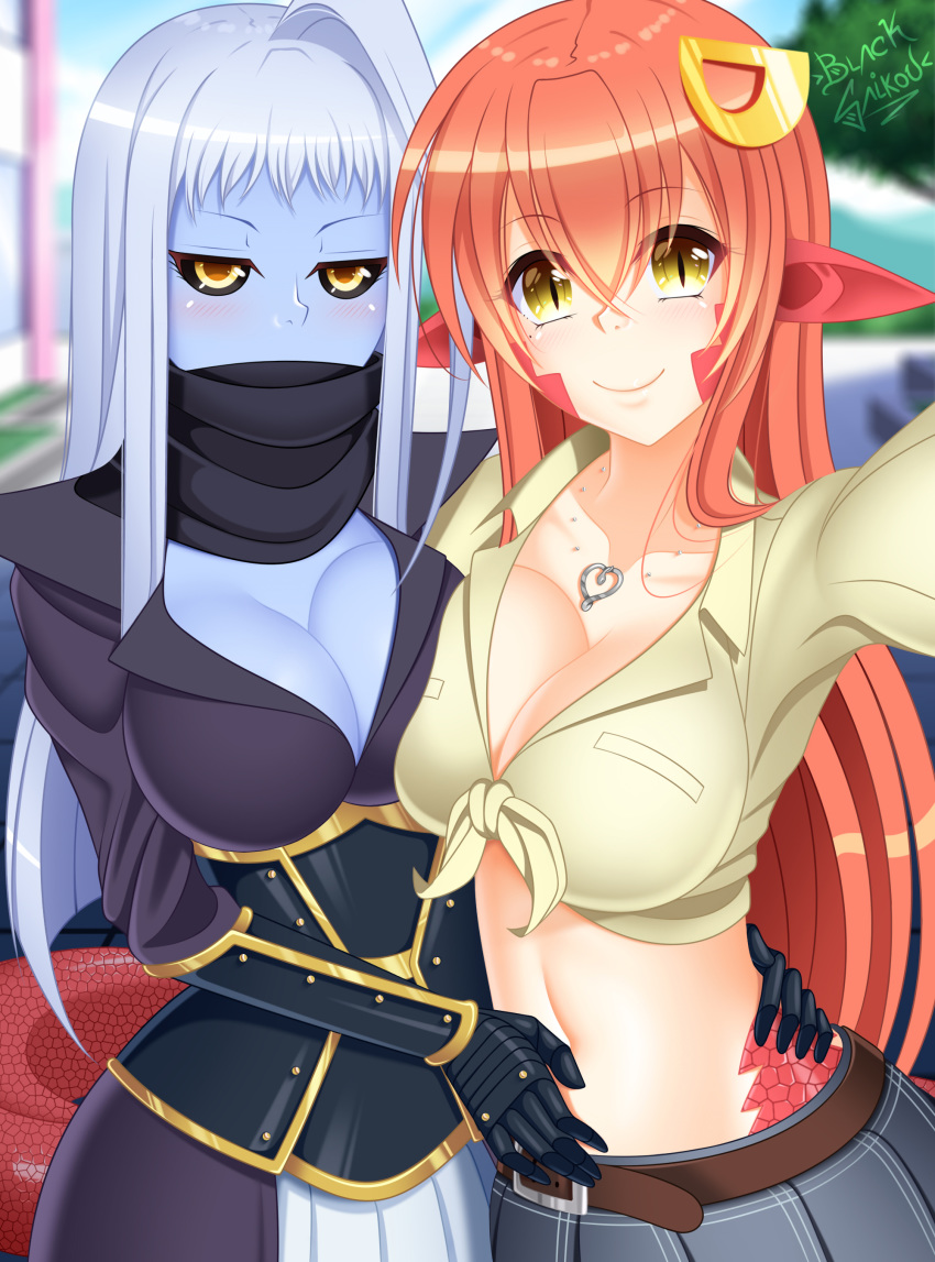 absurdres ahoge artist_name belt black_scarf black_sclera blacksaikou blue_hair blue_skin blurry blurry_background breasts cleavage collarbone commentary day front-tie_top gauntlets hair_between_eyes hair_ornament hairclip hand_on_another's_waist highres jewelry lala_(monster_musume) lamia large_breasts long_hair looking_at_viewer midriff miia_(monster_musume) monster_girl monster_musume_no_iru_nichijou multiple_girls navel necklace outdoors outstretched_arm pointy_ears reaching_out red_hair scales scarf self_shot shirt skirt slit_pupils smile tied_shirt yellow_eyes