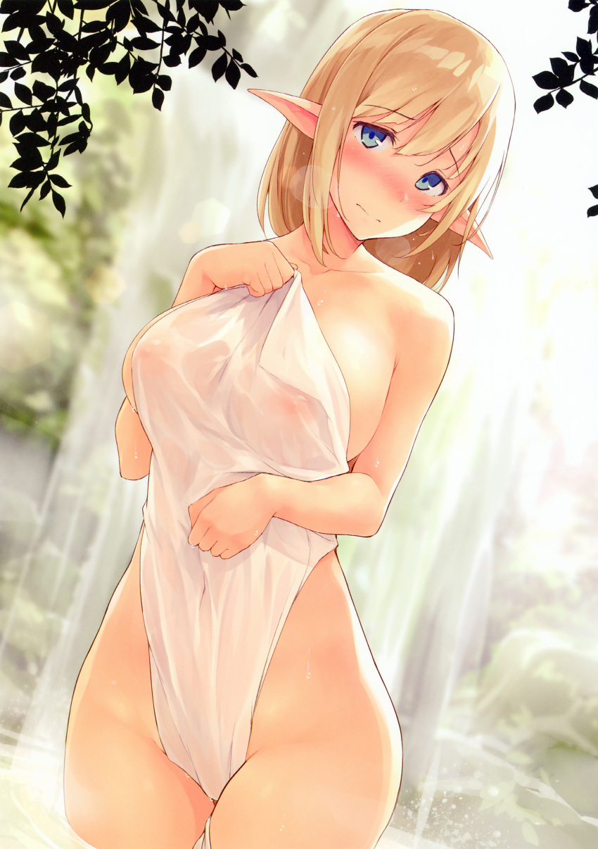 absurdres bangs bare_arms bare_shoulders blonde_hair blue_eyes blush breasts closed_mouth collarbone covered_navel covered_nipples cowboy_shot cropped day elf embarrassed eyebrows_visible_through_hair groin hair_between_eyes hand_up highres holding kekemotsu large_breasts looking_at_viewer medium_hair naked_towel non-web_source original outdoors pointy_ears rock scan see-through sidelocks solo standing toranoana towel wading water waterfall wet wet_towel white_towel