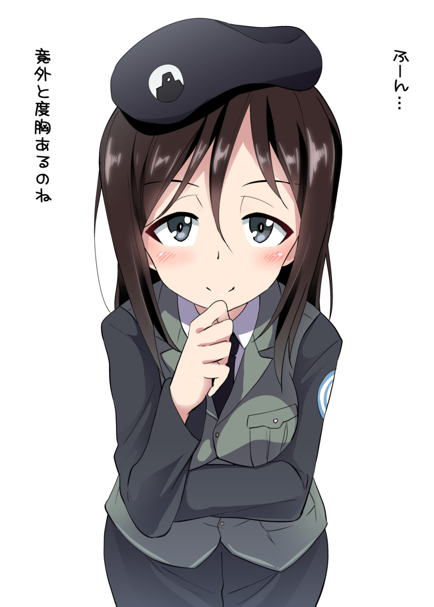 arm_under_breasts bangs beret black_hat black_jacket black_neckwear black_skirt blue_eyes blush breast_hold breasts brown_hair closed_mouth commentary dress_shirt emblem eyebrows_visible_through_hair girls_und_panzer hand_on_own_chin hat highres jacket japanese_tankery_league_(emblem) leaning_forward long_hair long_sleeves looking_at_viewer medium_breasts megumi_(girls_und_panzer) military military_hat military_uniform miyao_ryuu necktie pencil_skirt selection_university_(emblem) selection_university_military_uniform shirt simple_background skirt smile solo standing swept_bangs translated uniform upper_body white_background white_shirt wing_collar