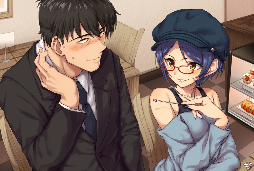 absurdres bare_shoulders black_eyes black_hair black_jacket blue_hair blue_hat blue_sweater blush cabbie_hat cafe checkered checkered_floor closed_eyes collarbone collared_shirt commentary_request earrings eye_contact fingernails food formal glasses hat hayami_kanade highres idolmaster idolmaster_cinderella_girls indoors jacket jewelry lips long_fingernails long_sleeves looking_at_another looking_to_the_side morino_shoutarou nail_polish necklace nose_blush off-shoulder_sweater on_chair parted_lips pink_nails producer_(idolmaster_cinderella_girls_anime) red-framed_eyewear shirt short_hair sitting smile suit sweat sweater table tile_floor tiles triangle_earrings upper_body v-shaped_eyebrows white_shirt wing_collar wooden_chair yellow_eyes