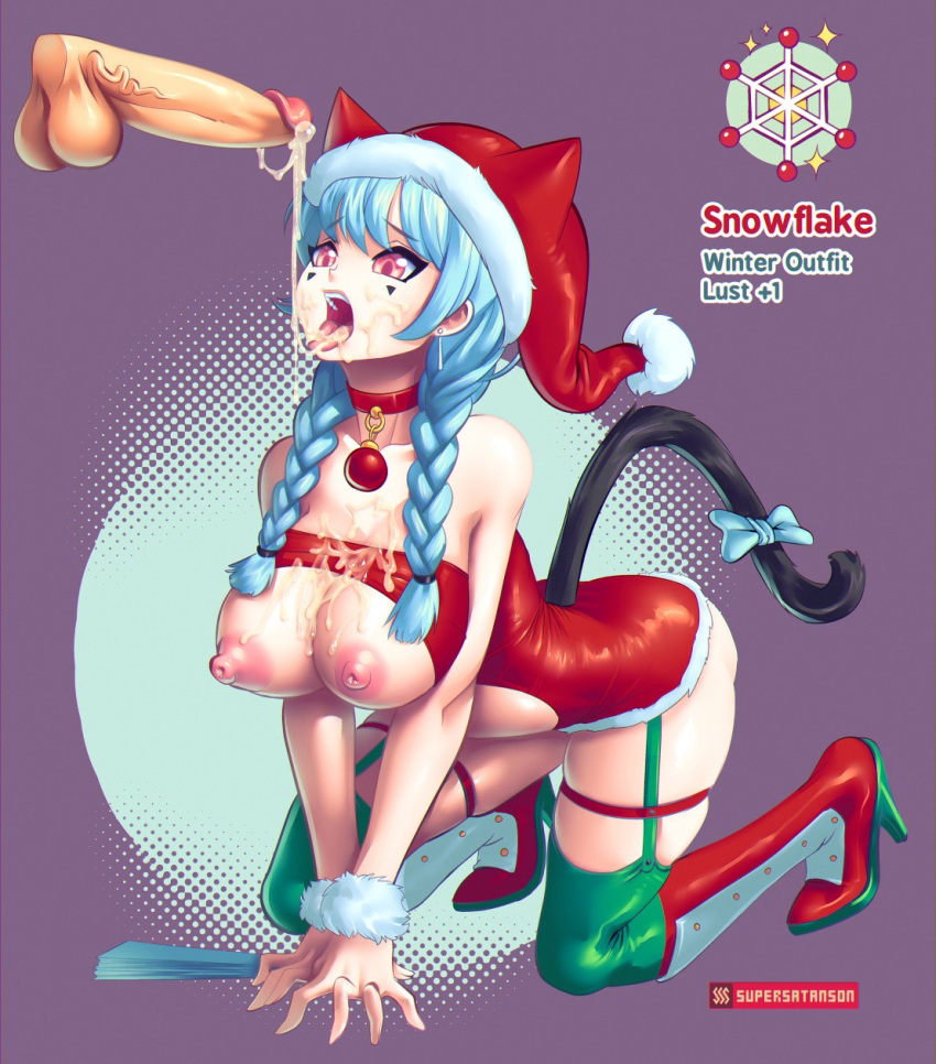 2017 5_fingers all_fours animal_humanoid areola big_breasts blue_eyes blue_fur blue_hair bow breasts cat cat_humanoid christmas clothing collar cum cum_in_mouth cum_inside cum_on_breasts cum_on_face cum_on_tongue ear_piercing facial_markings feline female fingers footwear fur hair high_heeled_boots high_heels holidays humanoid legwear male male/female mammal markings mostly_nude nipples open_mouth oral ornament penis piercing pussy red_eyes shoes short_hair solo supersatanson thick_thighs thigh_highs tongue tongue_out