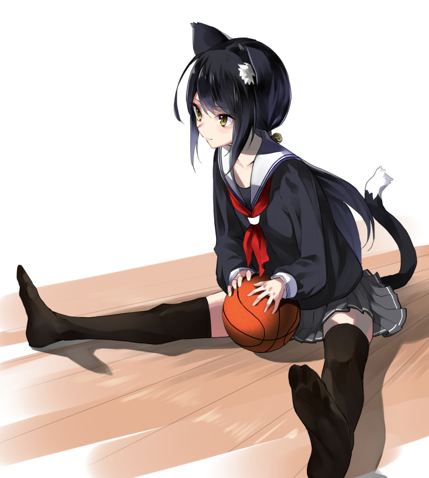 animal_ears bangs basketball bell black_hair black_legwear black_shirt cat_ears cat_girl cat_tail closed_mouth collarbone commentary_request eyebrows_visible_through_hair full_body grey_skirt hair_bell hair_between_eyes hair_ornament highres jingle_bell long_hair long_sleeves looking_away low_ponytail neckerchief no_shoes nuqura original pleated_skirt ponytail red_neckwear school_uniform serafuku shirt sidelocks sitting skirt soles solo spread_legs tail thighhighs very_long_hair white_background wooden_floor yellow_eyes