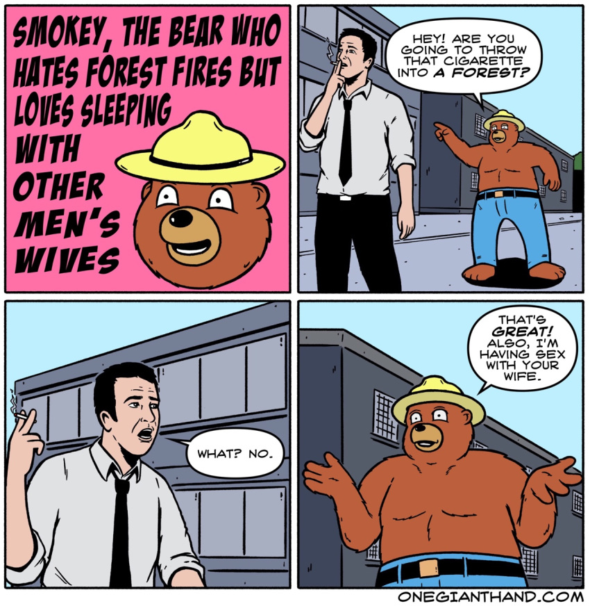 anthro bear brown_fur cigarette clothed clothing comic english_text fur hat human humor mammal onegianthand partially_clothed smokey_bear smoking speech_bubble text