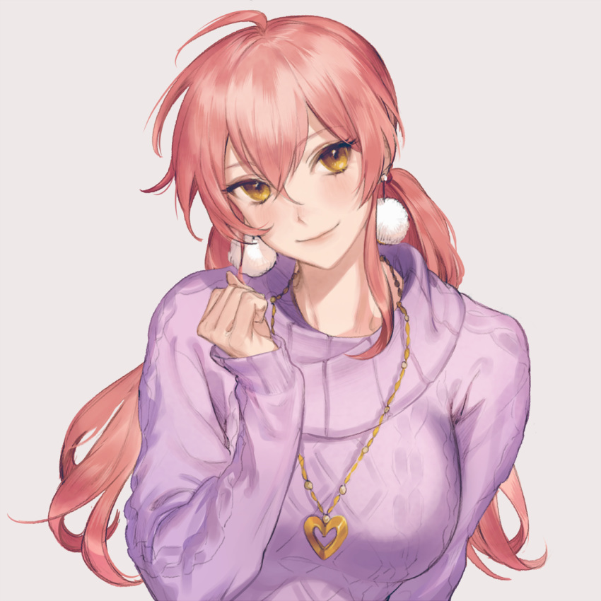 ahoge aran_sweater bad_id bad_pixiv_id earrings head_tilt heart heart_necklace highres idolmaster idolmaster_cinderella_girls idolmaster_cinderella_girls_starlight_stage jewelry jougasaki_mika long_hair looking_at_viewer low_twintails pink_hair simicomu smile solo sweater twintails yellow_eyes
