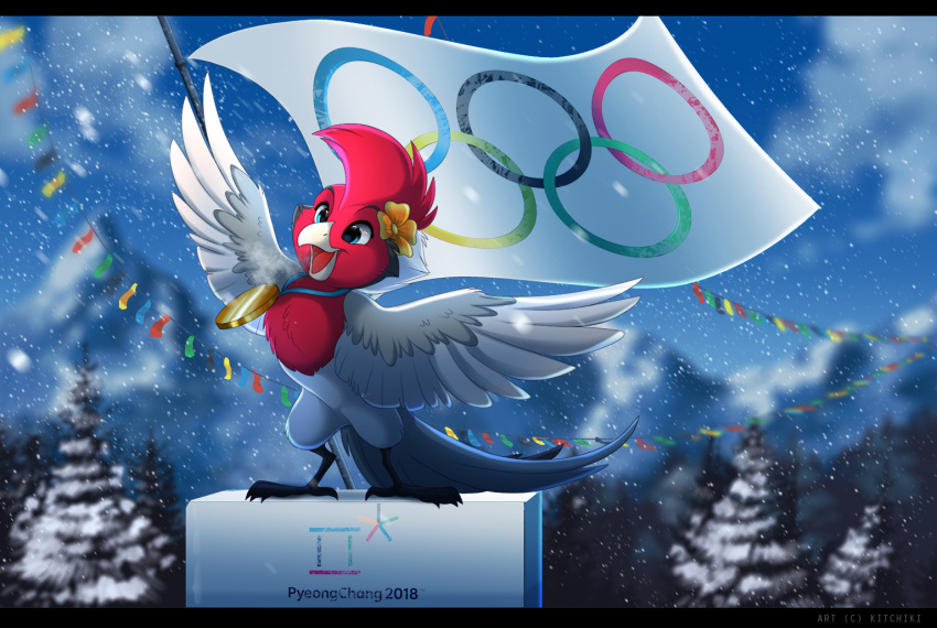 2018 avian bird black_bars blue_eyes day digital_media_(artwork) feathered_wings feathers feral kitchiki olympics outside pyeongchang_2018 sky smile snow snowing white_feathers wings
