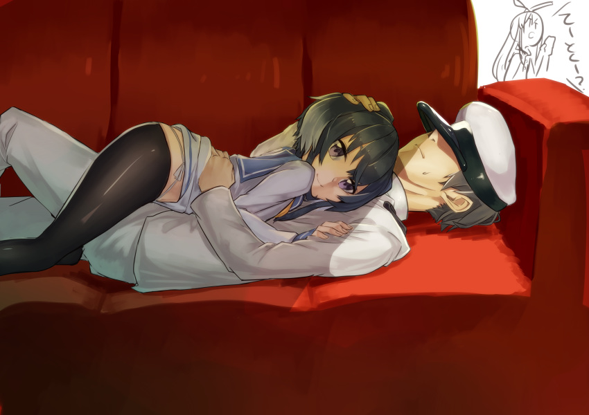 2girls absurdres admiral_(kantai_collection) bangs black_hair black_legwear brown_hair commentary couch cuddling dress from_side gradient_hair grey_hair hand_on_another's_head hat hat_over_eyes highres kantai_collection looking_at_viewer lying lying_on_person military military_uniform multicolored_hair multiple_girls panties pantyhose peaked_cap petting purple_eyes sailor_dress shimakaze_(kantai_collection) sho_bu_1116 short_hair short_hair_with_long_locks side-tie_panties smile tokitsukaze_(kantai_collection) translated underwear uniform