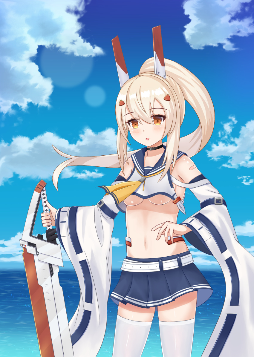 :d absurdres ayanami_(azur_lane) azur_lane bandaid_on_arm bangs bare_shoulders belt biako blue_skirt blue_sky blush breasts brown_eyes cloud cloudy_sky crop_top crop_top_overhang day eyebrows_visible_through_hair hair_between_eyes hair_ornament headgear high_ponytail highres holding light_brown_hair long_hair long_sleeves md5_mismatch medium_breasts midriff navel ocean open_mouth outdoors pleated_skirt ponytail revision school_uniform serafuku shirt skirt sky sleeveless sleeveless_shirt smile solo standing thighhighs underboob very_long_hair water white_belt white_legwear white_shirt wide_sleeves zettai_ryouiki