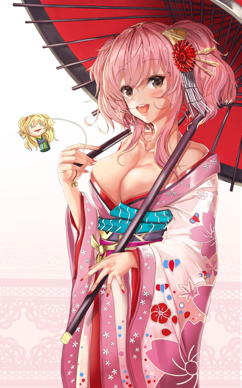 :d absurdres blush breasts brown_eyes character_doll cleavage commentary_request hair_ornament highres idolmaster idolmaster_cinderella_girls idolmaster_cinderella_girls_starlight_stage japanese_clothes jougasaki_mika jougasaki_rika kimono large_breasts looking_at_viewer moonbo nail_polish off_shoulder open_mouth oriental_umbrella pink_hair pink_kimono red_nails short_twintails smile solo twintails umbrella