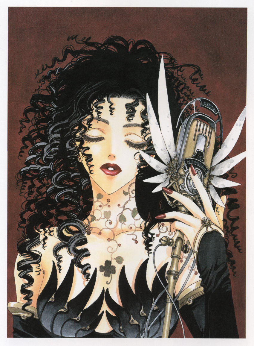 absurdres bare_shoulders black_hair breasts clamp clover clover_(manga) collarbone curly_hair detached_sleeves drill_hair earrings eyebrows eyelashes highres holding jewelry lipstick long_hair makeup mechanical_wings medium_breasts microphone nail_polish official_art oruha parted_lips red_nails scan simple_background solo steampunk tattoo traditional_media wings