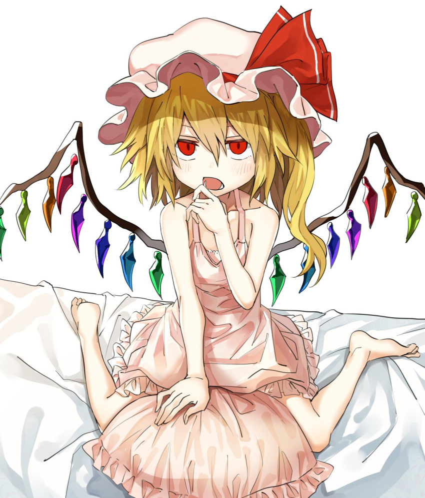 bare_arms bare_shoulders barefoot bed_sheet blonde_hair collarbone flandre_scarlet full_body hair_between_eyes hand_up hat hat_ribbon highres long_hair looking_at_viewer manarou mob_cap nightgown on_bed open_mouth pink_hat pink_pillow red_eyes red_ribbon ribbon simple_background sitting solo touhou white_background wings