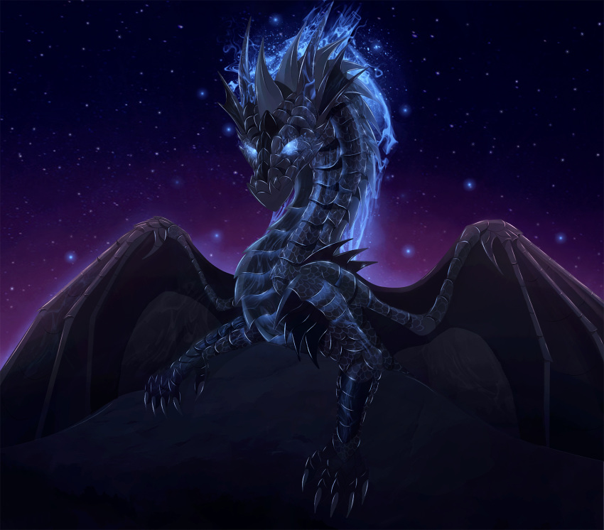 2018 claws cosmic_hair detailed_background digital_media_(artwork) dragon feral horn membranous_wings night outside scales sky solo star starry_sky telleryspyro wings