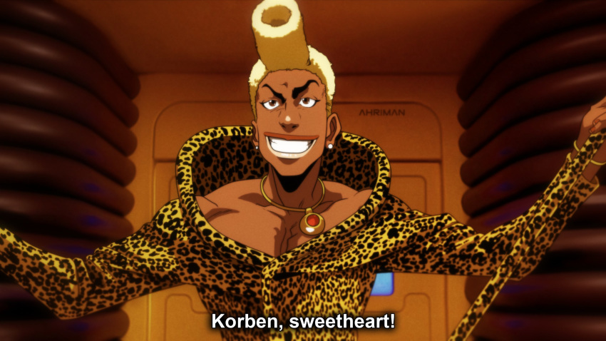 :d ahriman_(artist) animal_print artist_name brown_eyes collarbone dark_skin door earrings english fake_screenshot grin highres holding holding_staff jewelry leopard_print long_sleeves male_focus necklace open_mouth outstretched_arms parody pendant ruby_rhod sanpaku smile solo spread_arms staff stud_earrings style_parody subtitled teeth the_fifth_element thick_eyebrows upper_body v-shaped_eyebrows white_hair