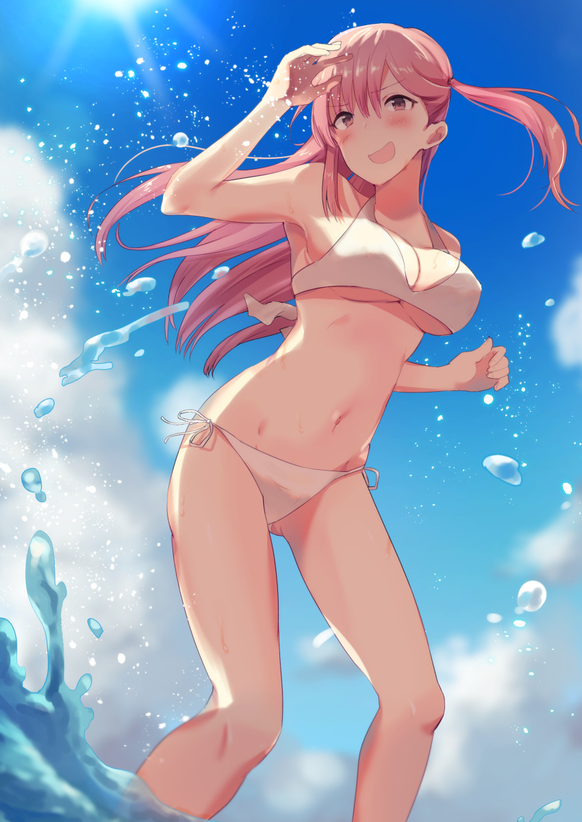 :d absurdres bad_id bad_pixiv_id bangs bikini blue_sky blush breasts cloud cloudy_sky day eyebrows_visible_through_hair hands_up highres legs_apart light_rays long_hair medium_breasts navel ocean one_side_up open_mouth original outdoors pink_eyes pink_hair senbei_(senbe_i) side-tie_bikini sky smile solo standing summer sunbeam sunlight swimsuit thighs white_bikini