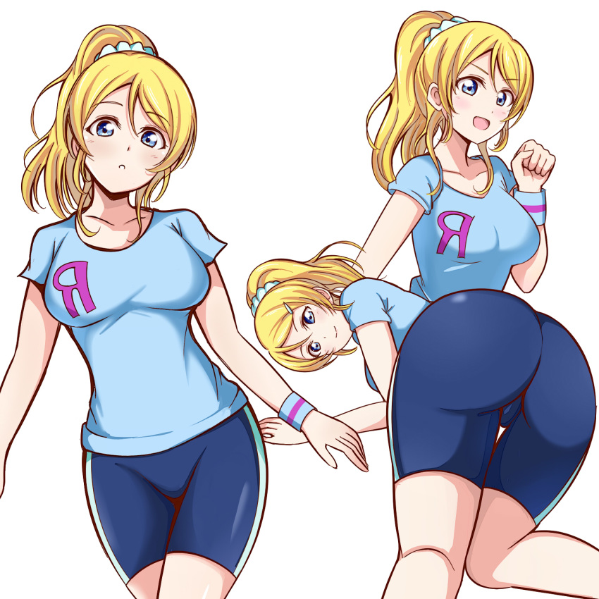 1girl all_fours ass ayase_eli bike_shorts blonde_hair blue_eyes blush breasts from_behind gym_clothes hairclip large_breasts long_hair looking_at_viewer love_live! love_live!_school_idol_project open_mouth ponytail scrunchie shiny shiny_clothes shiny_hair shiny_skin smile solo waeye wristband