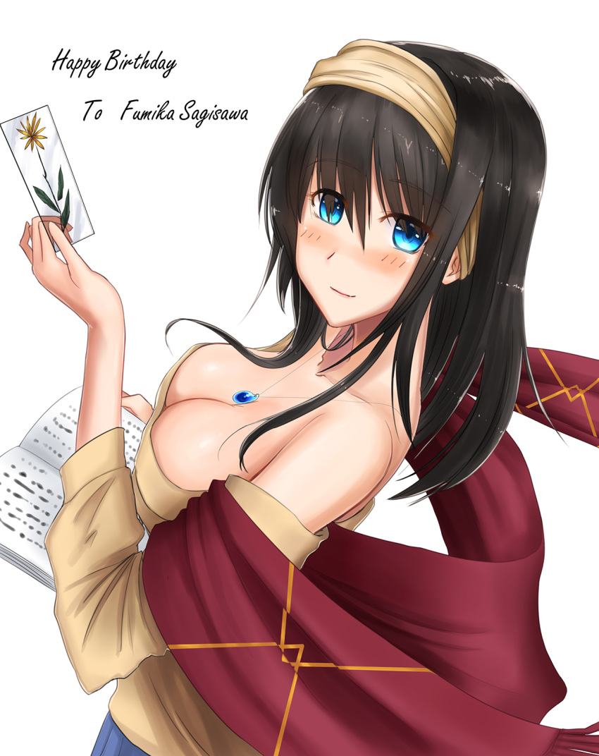 black_hair blue_eyes blush book bookmark breasts cleavage commentary_request hairband highres holding holding_book idolmaster idolmaster_cinderella_girls jewelry large_breasts light_smile looking_at_viewer looking_to_the_side medium_hair necklace off-shoulder_sweater pendant sagisawa_fumika shawl shogun_(a96040021) solo sweater