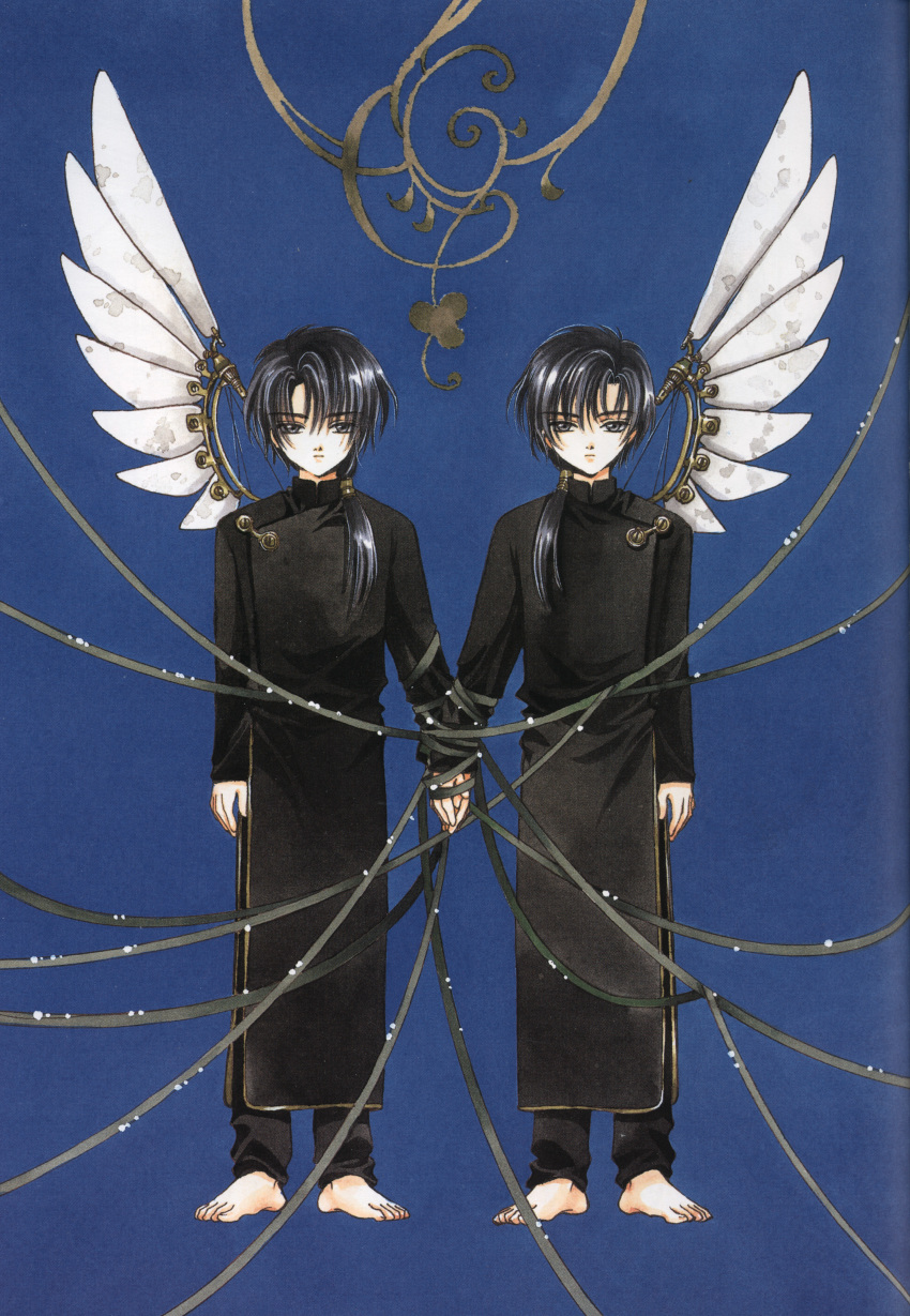a_(clover) absurdres angel_wings bangs barefoot black_eyes black_hair blue_background bound bound_together brothers chinese_clothes clamp closed_mouth clover_(manga) expressionless highres holding_hands long_hair long_sleeves looking_at_viewer low_ponytail male_focus mechanical_wings multiple_boys official_art parted_bangs ran_(clover) ribbon scan siblings single_wing symmetrical_pose twins white_wings wings