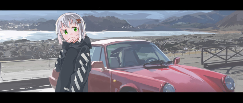 bangs black_hoodie car commentary covered_mouth day green_eyes ground_vehicle hair_ornament hairclip hand_up head_tilt hei_(tonarinohey) hood hood_down hoodie lake long_sleeves looking_at_viewer motor_vehicle mountain outdoors porsche porsche_911 road scenery silver_hair water yama_no_susume yukimura_aoi
