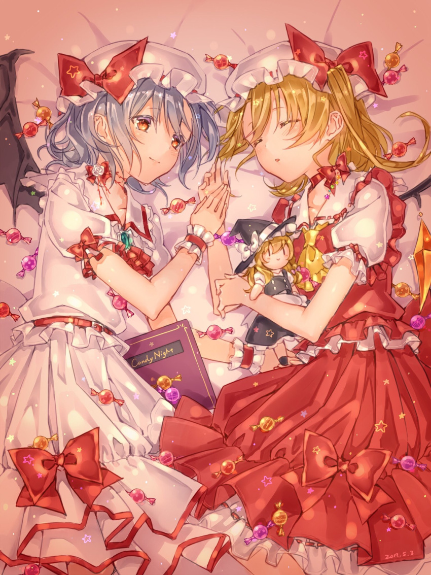ascot bat_wings belt blonde_hair blue_hair book bow brooch candy character_doll choker closed_eyes closed_mouth dated flandre_scarlet food hat hat_bow highres holding_hands jewelry jiinyo_(awamoe1207) kirisame_marisa lying mob_cap multiple_girls on_side puffy_short_sleeves puffy_sleeves red_bow red_eyes red_neckwear red_skirt remilia_scarlet ribbon_choker short_sleeves siblings sisters skirt skirt_set sleeping smile touhou vest wings wrist_cuffs yellow_neckwear
