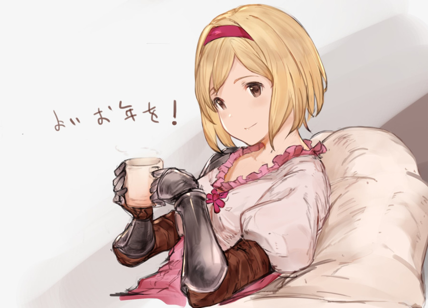 blonde_hair brown_eyes commentary_request cup djeeta_(granblue_fantasy) fighter_(granblue_fantasy) frills gauntlets granblue_fantasy hairband highres pink_hairband puffy_sleeves short_hair sitting solo steam yashigaras