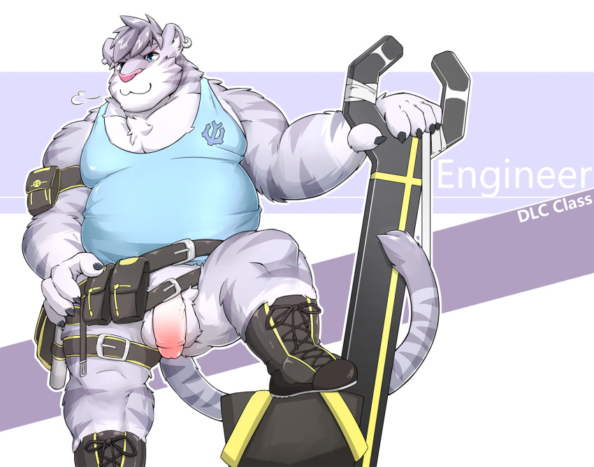 balls barazoku boots bottomless clothed clothing ear_piercing feline footwear invalid_tag justin kamyuel male mammal penis piercing shirt stripes tank_top tiger tools utility-belt wrench