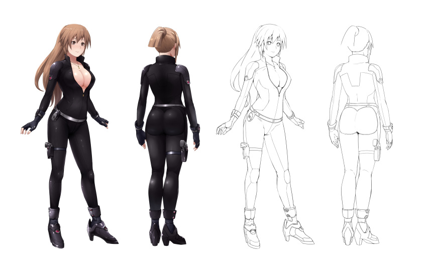 absurdres alternate_costume alternate_hairstyle ass bodysuit breasts brown_eyes brown_hair character_sheet cleavage commentary_request fingerless_gloves from_behind gloves high_heels highres jewelry krs_(karasu) large_breasts latex_bodysuit long_hair no_bra saionji_reimi shiny shiny_clothes shiny_hair shiny_skin skin_tight smile solo star_ocean star_ocean_anamnesis star_ocean_the_last_hope