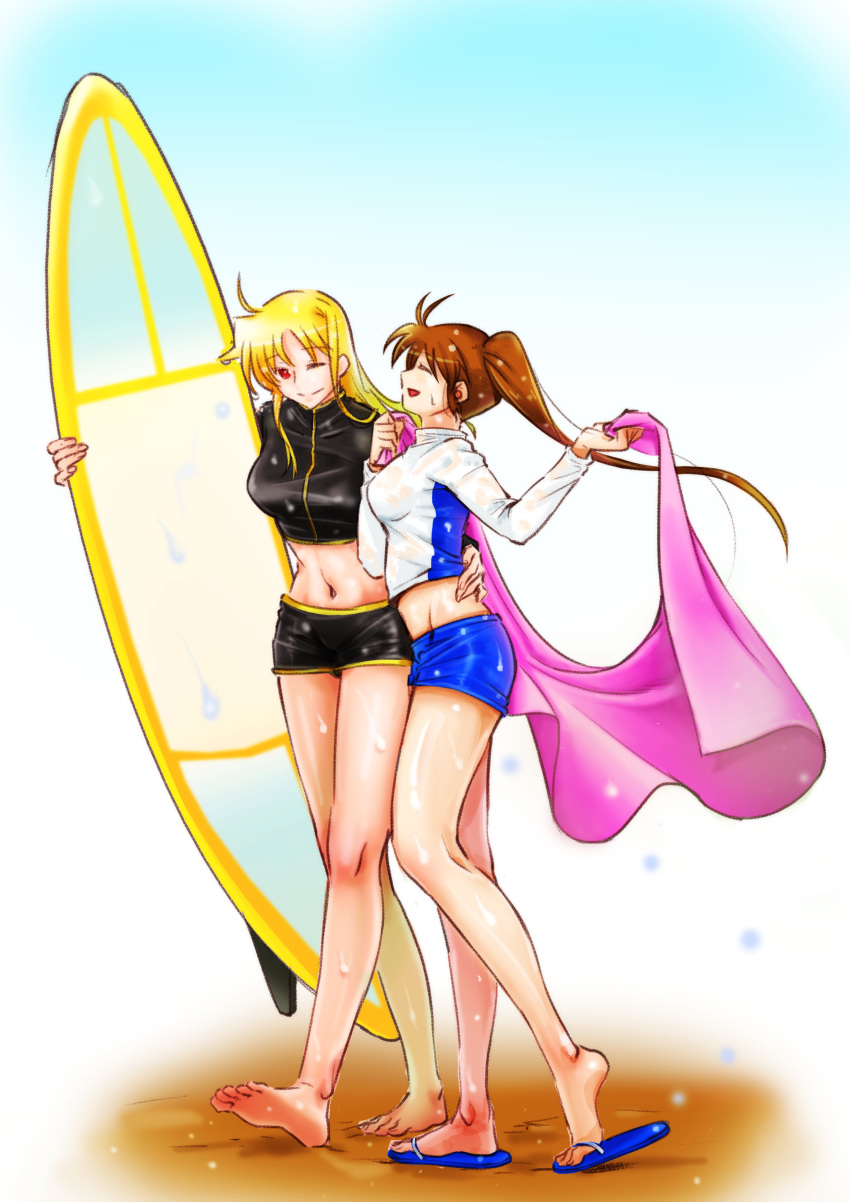 absurdres arm_around_waist barefoot blonde_hair breasts brown_hair crop_top fate_testarossa flip-flops groin highres long_hair lyrical_nanoha mahou_shoujo_lyrical_nanoha mahou_shoujo_lyrical_nanoha_strikers medium_breasts midriff multiple_girls navel one_eye_closed red_eyes sandals shirt shorts side_ponytail sketch smile sos77755 spread_legs surfboard takamachi_nanoha taut_clothes taut_shirt wet