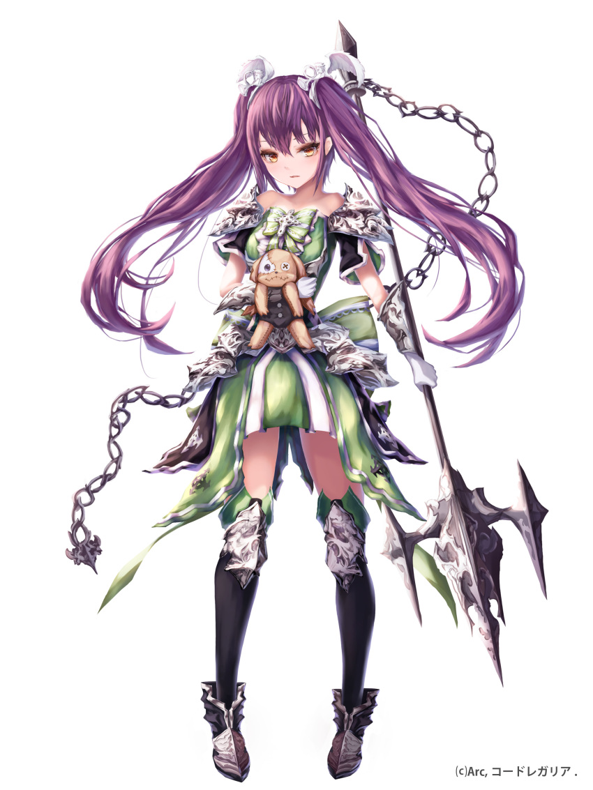 absurdres bad_id bad_pixiv_id brown_eyes chain dress full_body gloves green_dress h2o_(dfo) highres holding holding_weapon long_hair looking_at_viewer original polearm purple_hair solo stuffed_animal stuffed_dog stuffed_toy thighhighs trident twintails watermark weapon white_gloves