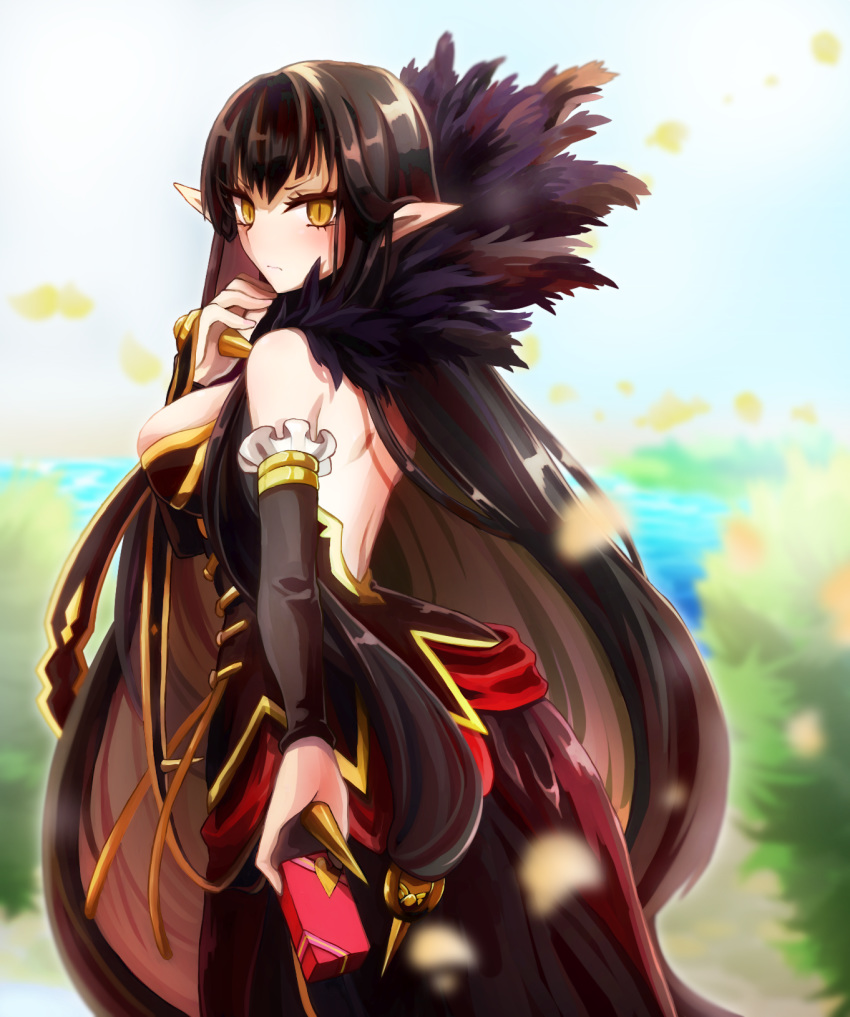 bare_back black_hair brown_eyes fate/grand_order gothic long_hair pointy_ears red_assassin