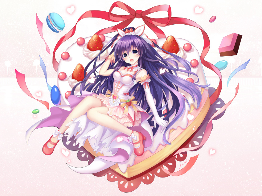 :d alternate_costume ami_(mixin) armpits asymmetrical_gloves bare_legs bare_shoulders blush breasts chocolate date_a_live detached_collar dress food food_themed_hair_ornament fruit full_body gloves hair_between_eyes hair_ornament hair_ribbon heart heart-shaped_cake heart_background high_heels highres long_hair looking_at_viewer macaron mary_janes medium_breasts multicolored multicolored_eyes open_mouth purple_eyes purple_hair red_ribbon ribbon ribbon-trimmed_dress shoes shoulder_strap sitting smile solo strawberry strawberry_hair_ornament very_long_hair white_dress yatogami_tooka yellow_eyes