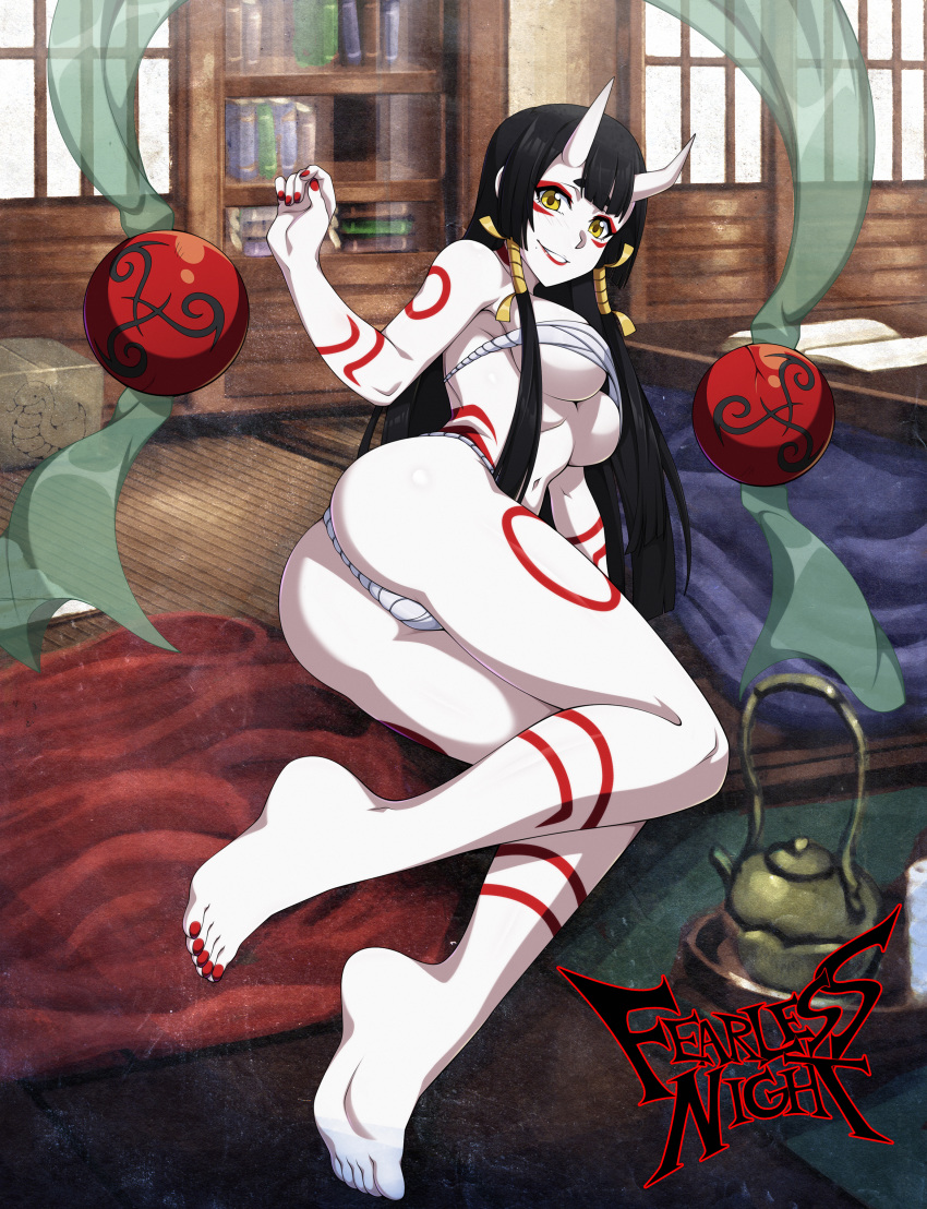 absurdres ass bangs barefoot black_hair breasts budget_sarashi copyright_name facepaint fearless_night full_body fundoshi hair_ribbon highres horns japanese_clothes large_breasts lipstick looking_at_viewer lying makeup mole mole_under_mouth nail_polish official_art on_side red_nails ribbon sarashi shinatobe short_eyebrows sidelocks solo spike_wible tatami toenail_polish toes underboob underwear underwear_only white_skin