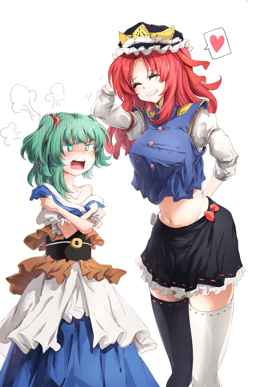 =3 angry bare_shoulders blush breasts collarbone commentary_request cosplay costume_switch crop_top crown d: darjeeling_(reley) green_eyes green_hair heart highres japanese_clothes kimono kimono_skirt large_breasts midriff mismatched_legwear multiple_girls navel onozuka_komachi open_mouth oversized_clothes red_hair shiki_eiki shirt skirt spoken_heart taut_clothes taut_shirt teeth touhou two_side_up undersized_clothes v-shaped_eyebrows