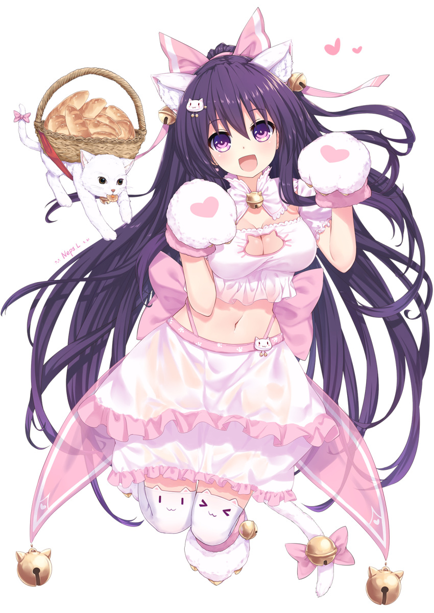 &gt;3&lt; :3 :d alternate_costume animal_ears animal_print basket bell bell_collar blush bra bread breasts cat cat_ears cat_hair_ornament cat_lingerie cat_print cat_tail cleavage cleavage_cutout collar commentary_request date_a_live food frilled_bra frills full_body gloves hair_ornament hair_ribbon hands_up heart heart_print highres long_hair looking_at_viewer medium_breasts meme_attire navel neps-l open_mouth paw_gloves paw_print paw_shoes paws pink_ribbon pink_skirt purple_eyes purple_hair ribbon ribbon-trimmed_skirt ribbon_trim see-through shoes simple_background skirt smile solo tail thighhighs underwear very_long_hair white_background yatogami_tooka